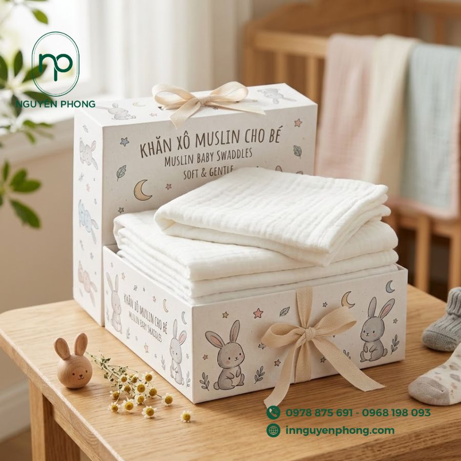 in hộp đựng khăn xô, khăn sữa cho em bé